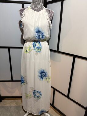 Old Navy White Maxi Dress with Blue Floral Pattern
